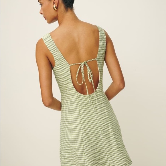 Reformation Amorette Linen Dress in Avocado Check - Picture 2 of 6
